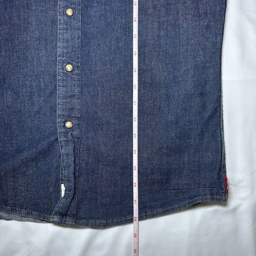 Wrangler Mens Western Denim Shirt Med Blue Indigo Pearl Snap Long Sleeve Retro - Picture 9 of 9